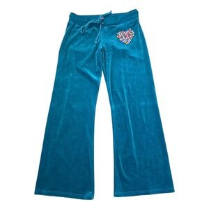 Twisted Heart Aqua Blue Velour Y2K  Low rise Shiny Stones Wide leg Pants sz M-L